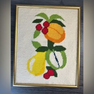 Vintage 1976 Needlepoint Wall Art Framed Fruit Cottage Kitchen Decor Handmade